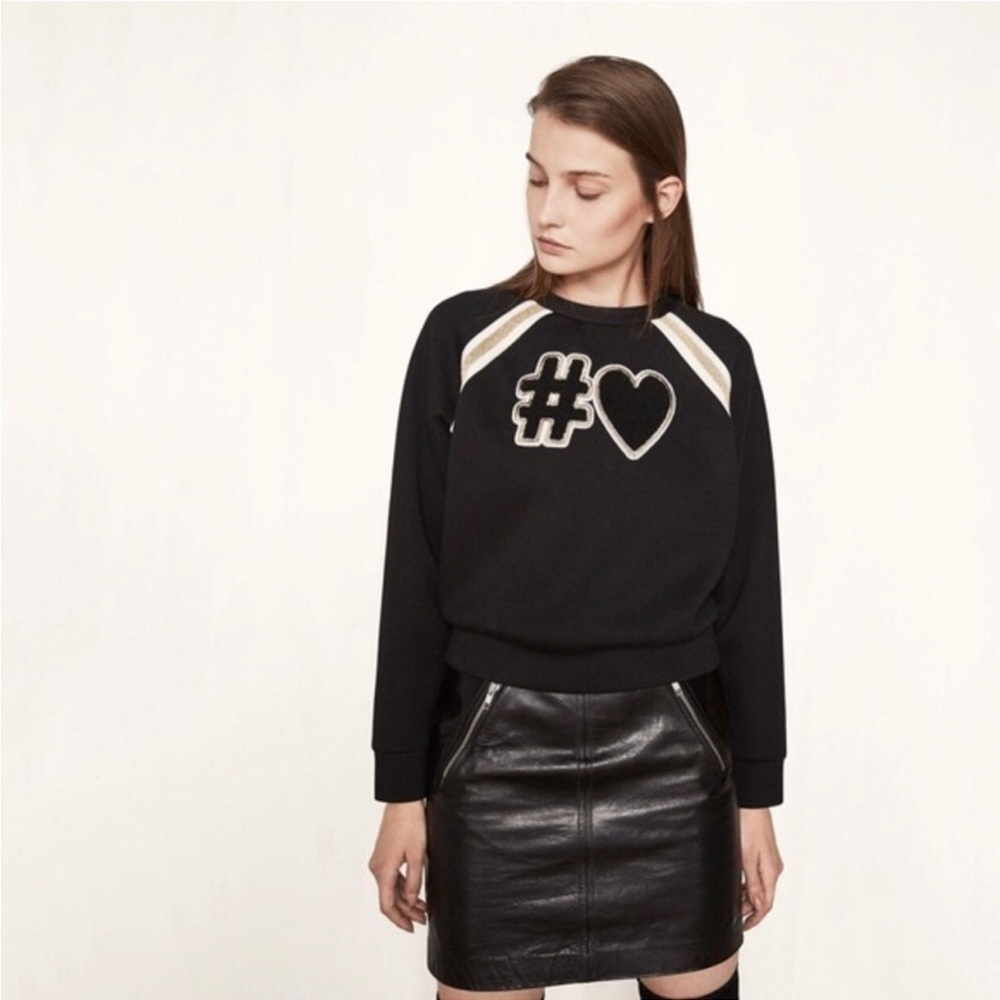 MAJE Black Hashtag Heart Embroidered Pullover Sweater Size S